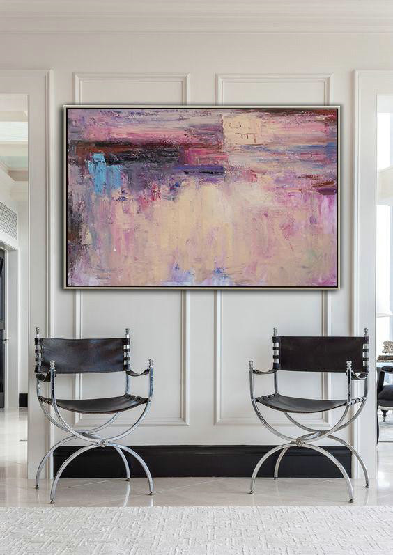 Handmade Painting Large Abstract Art,Oversized Horizontal Contemporary Art,Acrylic Painting On Canvas,Purple,Black,Blue,Light Blue.etc